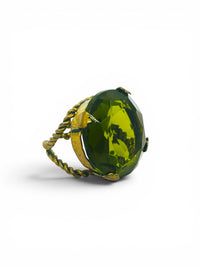 Bold Vintage Olive Green Faceted Glass Cocktail Ring | Adjustable Twisted Brass Statement Ring