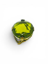 Bold Vintage Olive Green Faceted Glass Cocktail Ring | Adjustable Twisted Brass Statement Ring