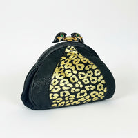 Meow! Sharif Black and Gold Leather Leopard Clutch with Bold Rhinestone Leopard Clasp