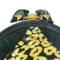 Meow! Sharif Black and Gold Leather Leopard Clutch with Bold Rhinestone Leopard Clasp