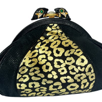 Meow! Sharif Black and Gold Leather Leopard Clutch with Bold Rhinestone Leopard Clasp