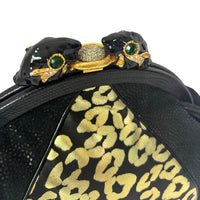 Meow! Sharif Black and Gold Leather Leopard Clutch with Bold Rhinestone Leopard Clasp