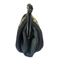 Meow! Sharif Black and Gold Leather Leopard Clutch with Bold Rhinestone Leopard Clasp