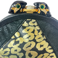 Meow! Sharif Black and Gold Leather Leopard Clutch with Bold Rhinestone Leopard Clasp