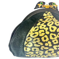 Meow! Sharif Black and Gold Leather Leopard Clutch with Bold Rhinestone Leopard Clasp