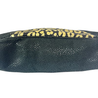 Meow! Sharif Black and Gold Leather Leopard Clutch with Bold Rhinestone Leopard Clasp