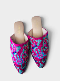 Nandini Fuchsia Floral Embroidered Mule Slippers