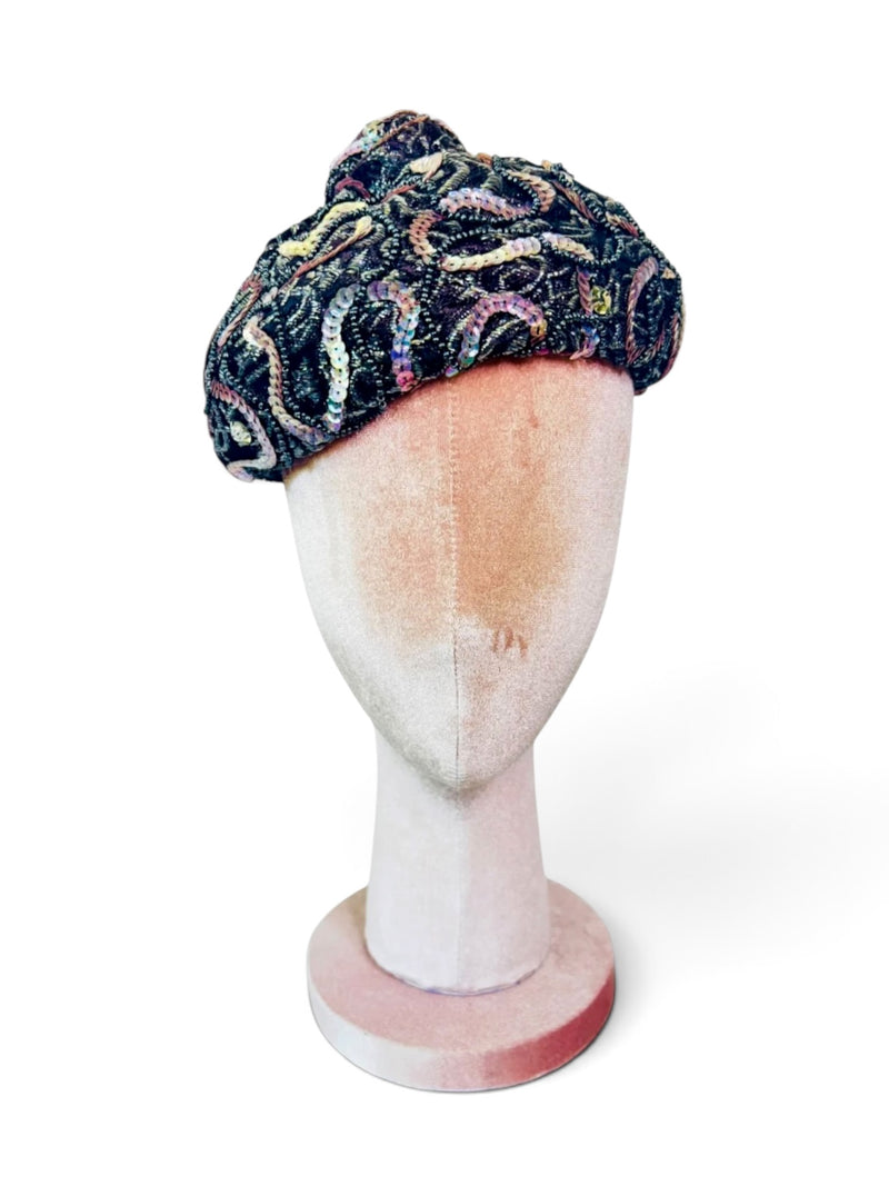 Vintage 50's Frances & Walter Nelkin Black Cocktail Hat with Iridescent Sequins