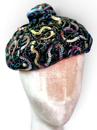 Vintage 50's Frances & Walter Nelkin Black Cocktail Hat with Iridescent Sequins