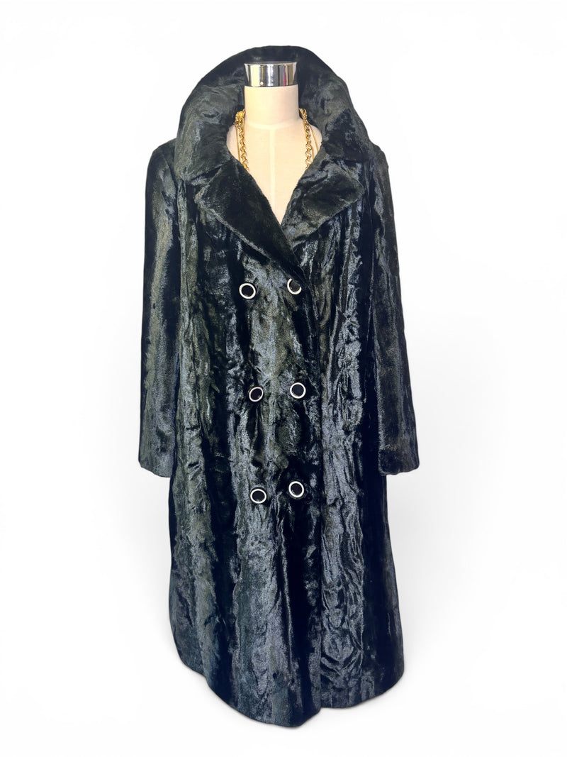 Midnight Elegance | Vintage 1960s Deadstock Black Faux Fur Swing Coat\