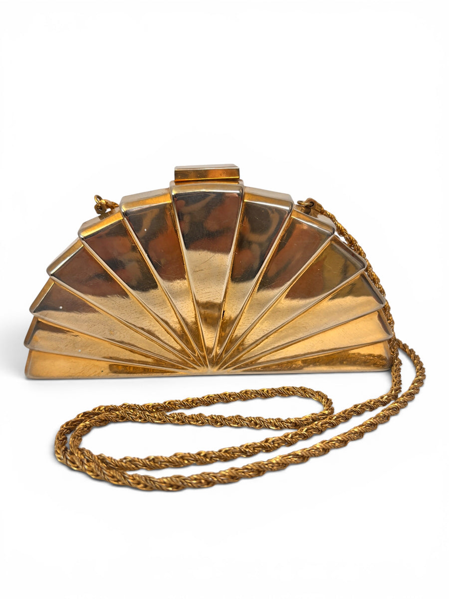 1970s Art Deco Revival Gold Fan Evening Bag