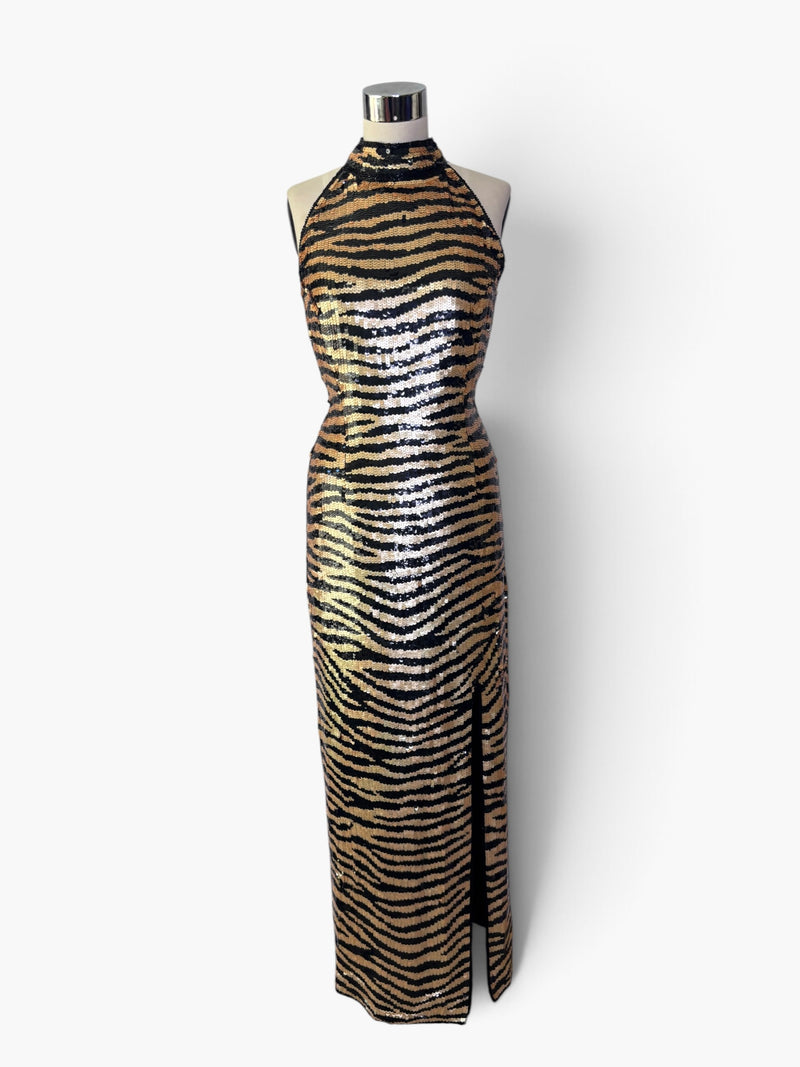 Tiger Stripe Sequin Halter Gown by Parisline