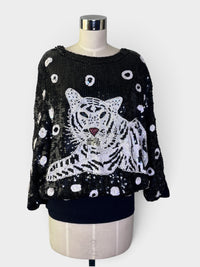 Tiger Black & White Beaded Sequin Top by I. Magnin