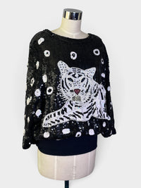Tiger Black & White Beaded Sequin Top by I. Magnin
