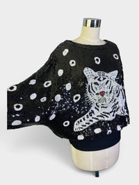 Tiger Black & White Beaded Sequin Top by I. Magnin
