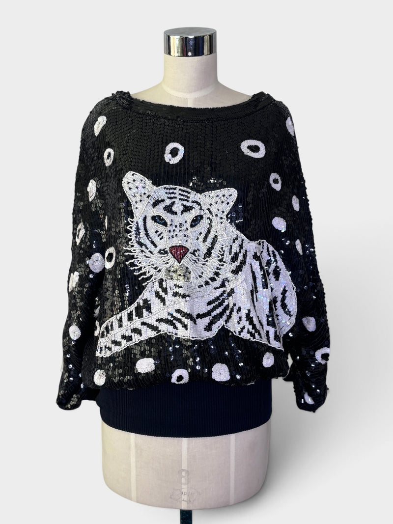 Tiger Black & White Beaded Sequin Top by I. Magnin