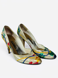 Carlos Fiori Metallic 80's Splash Paint Snakeskin Multicolor Pointed Toe Pumps 7