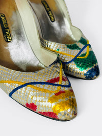Carlos Fiori Metallic 80's Splash Paint Snakeskin Multicolor Pointed Toe Pumps 7