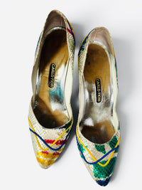 Carlos Fiori Metallic 80's Splash Paint Snakeskin Multicolor Pointed Toe Pumps 7