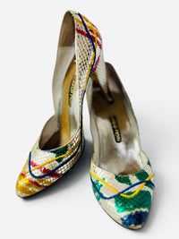 Carlos Fiori Metallic 80's Splash Paint Snakeskin Multicolor Pointed Toe Pumps 7