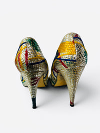 Carlos Fiori Metallic 80's Splash Paint Snakeskin Multicolor Pointed Toe Pumps 7