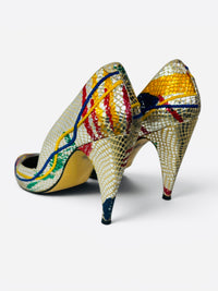 Carlos Fiori Metallic 80's Splash Paint Snakeskin Multicolor Pointed Toe Pumps 7