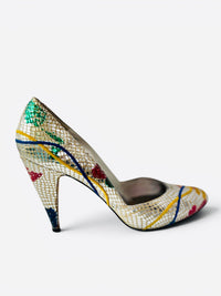Carlos Fiori Metallic 80's Splash Paint Snakeskin Multicolor Pointed Toe Pumps 7
