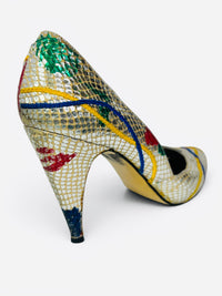 Carlos Fiori Metallic 80's Splash Paint Snakeskin Multicolor Pointed Toe Pumps 7