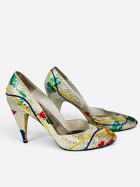 Carlos Fiori Metallic 80's Splash Paint Snakeskin Multicolor Pointed Toe Pumps 7