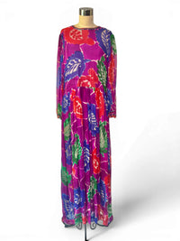 1970s Bohemian Elegance Silk Floral Beaded & Sequin Maxi Gown in Jewel Colors
