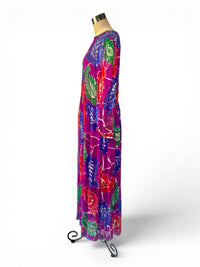 1970s Bohemian Elegance Silk Floral Beaded & Sequin Maxi Gown in Jewel Colors