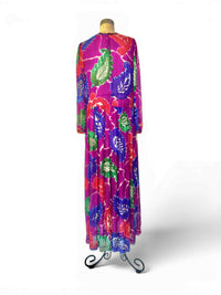 1970s Bohemian Elegance Silk Floral Beaded & Sequin Maxi Gown in Jewel Colors