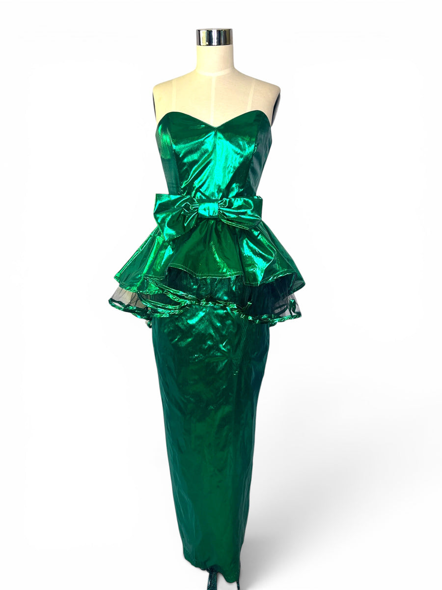 Emerald Envy | Vintage LA Glo Lamé Peplum Cocktail Dress