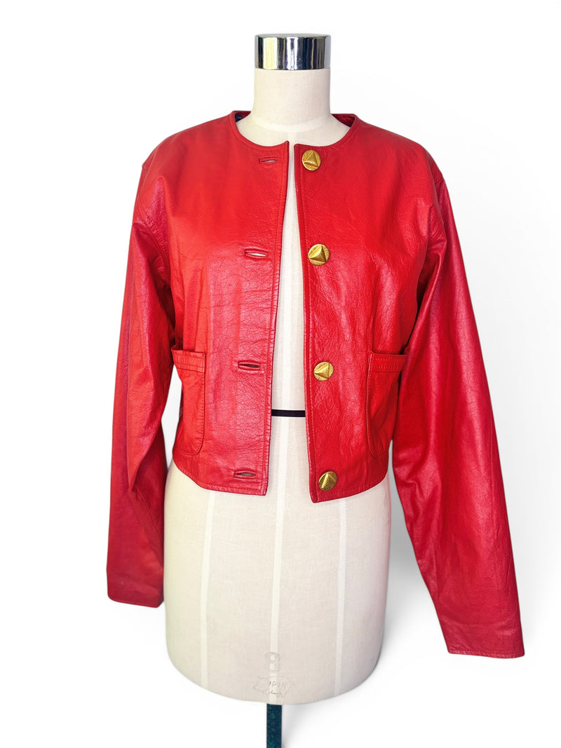Vintage Bermans Red Sassy Leather Cropped Jacket with Geometric Gold Button Detail