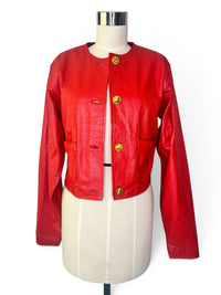 Vintage Bermans Red Sassy Leather Cropped Jacket with Geometric Gold Button Detail