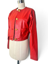 Vintage Bermans Red Sassy Leather Cropped Jacket with Geometric Gold Button Detail