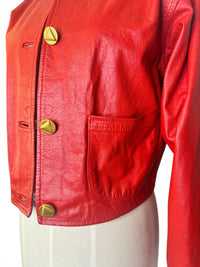 Vintage Bermans Red Sassy Leather Cropped Jacket with Geometric Gold Button Detail