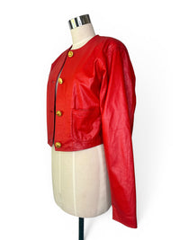 Vintage Bermans Red Sassy Leather Cropped Jacket with Geometric Gold Button Detail