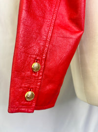 Vintage Bermans Red Sassy Leather Cropped Jacket with Geometric Gold Button Detail