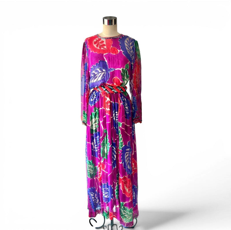 1970s Bohemian Elegance Silk Floral Beaded & Sequin Maxi Gown in Jewel Colors