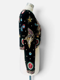 Vintage Leslie Fay Evenings Black Beaded Celestial Bolero Jacket | 1980s–1990s