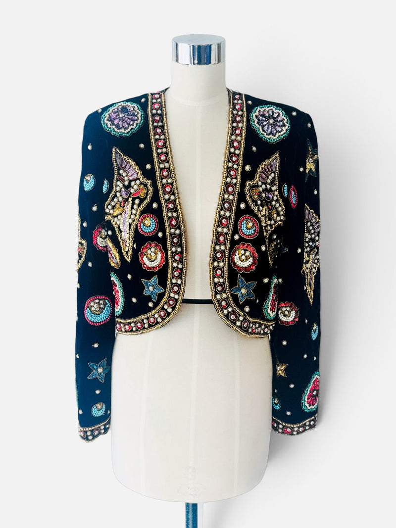 Vintage Leslie Fay Evenings Black Beaded Celestial Bolero Jacket | 1980s–1990s