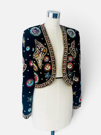 Vintage Leslie Fay Evenings Black Beaded Celestial Bolero Jacket | 1980s–1990s