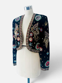 Vintage Leslie Fay Evenings Black Beaded Celestial Bolero Jacket | 1980s–1990s