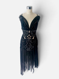 Mandalay Whimsical Art Deco Black & Silver Beaded Dress with Sheer Details