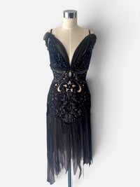 Mandalay Whimsical Art Deco Black & Silver Beaded Dress with Sheer Details