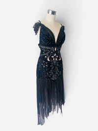 Mandalay Whimsical Art Deco Black & Silver Beaded Dress with Sheer Details