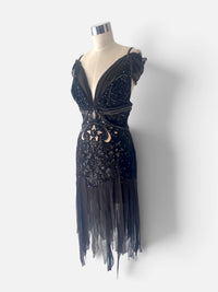 Mandalay Whimsical Art Deco Black & Silver Beaded Dress with Sheer Details