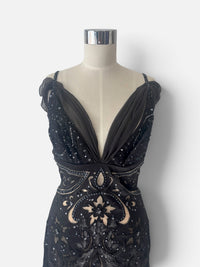 Mandalay Whimsical Art Deco Black & Silver Beaded Dress with Sheer Details