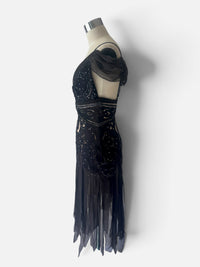 Mandalay Whimsical Art Deco Black & Silver Beaded Dress with Sheer Details